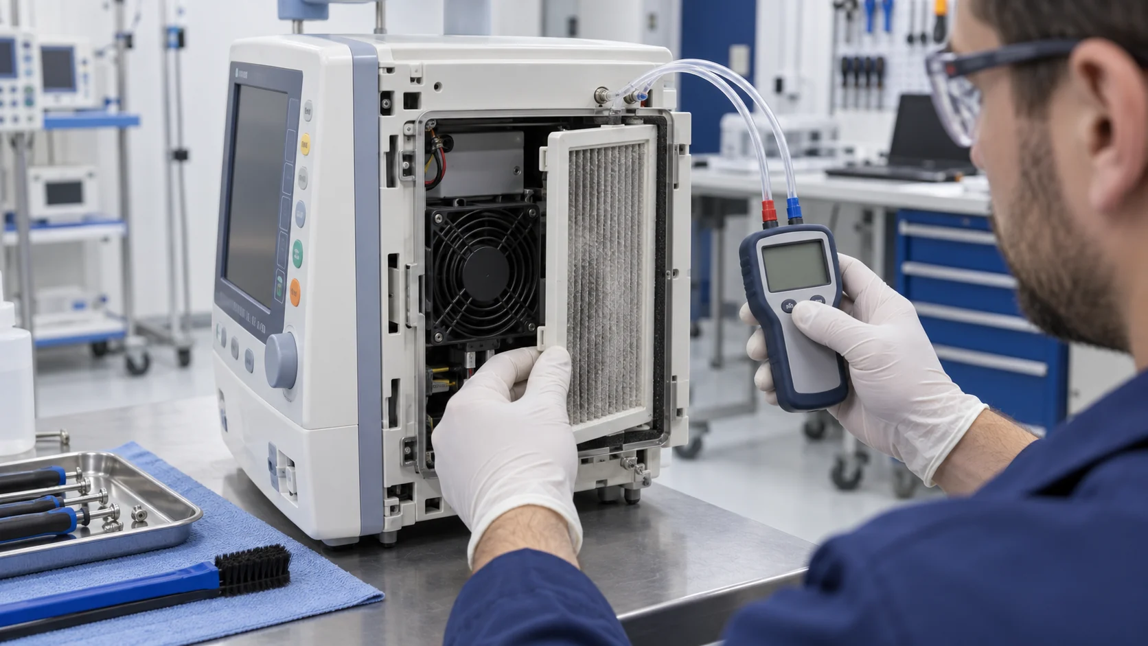 Engineer measuring pressure across a loaded filter beside a compact medical equipment cooling fan
