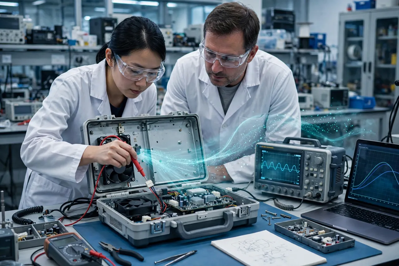 Engineers validating fan speed control with an oscilloscope beside an opened medical device