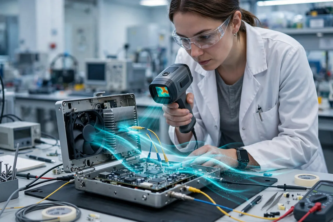 Engineer checking a medical device with a thermal imager while airflow particles move through the open chassis