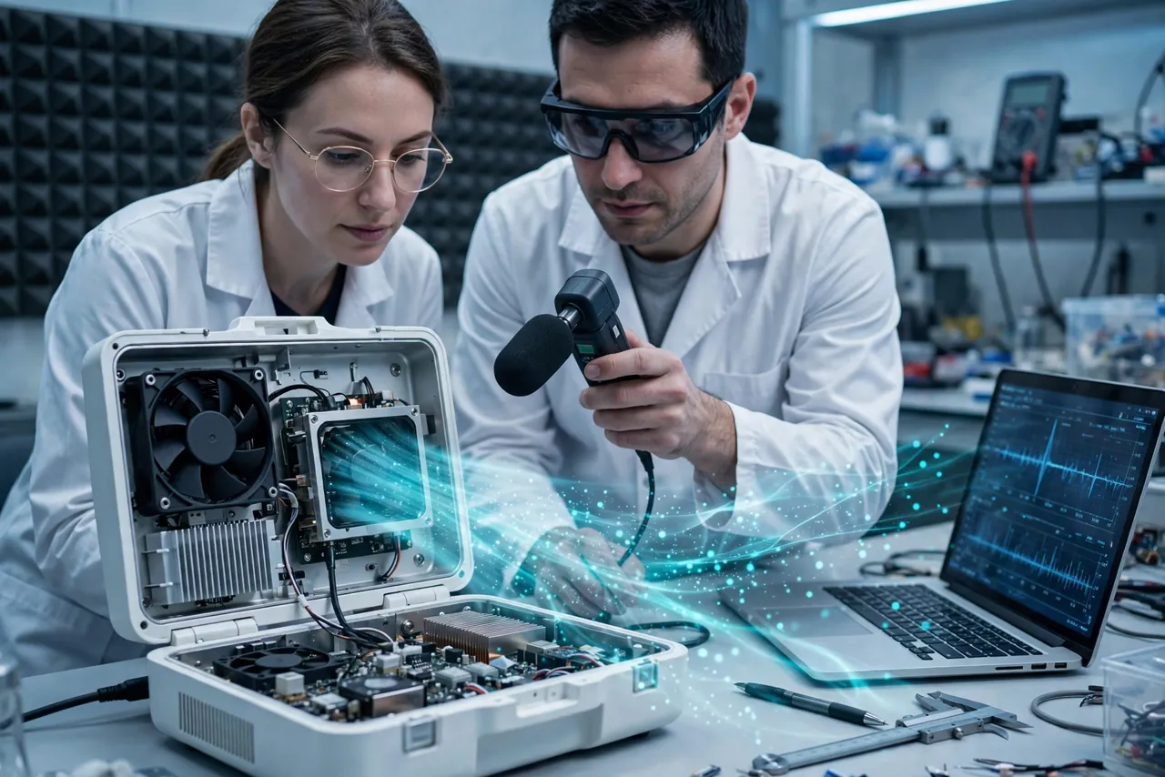 Engineers measuring acoustic noise of an opened medical device with a sound level meter