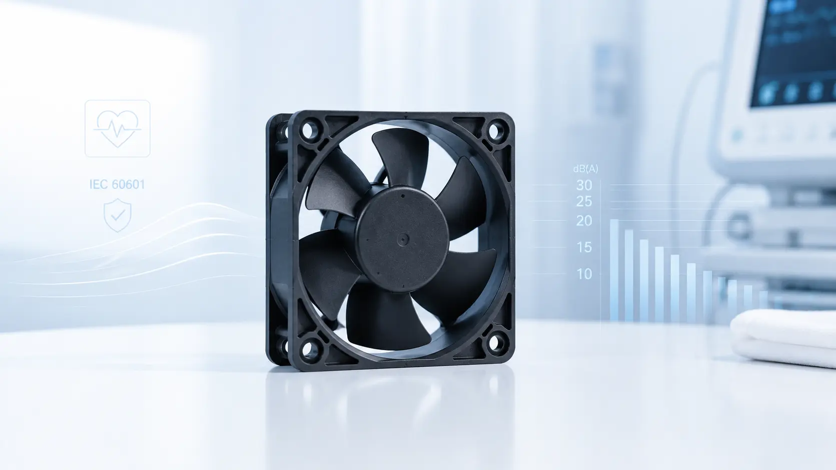 Medical device cabinet with a low-noise DC cooling fan