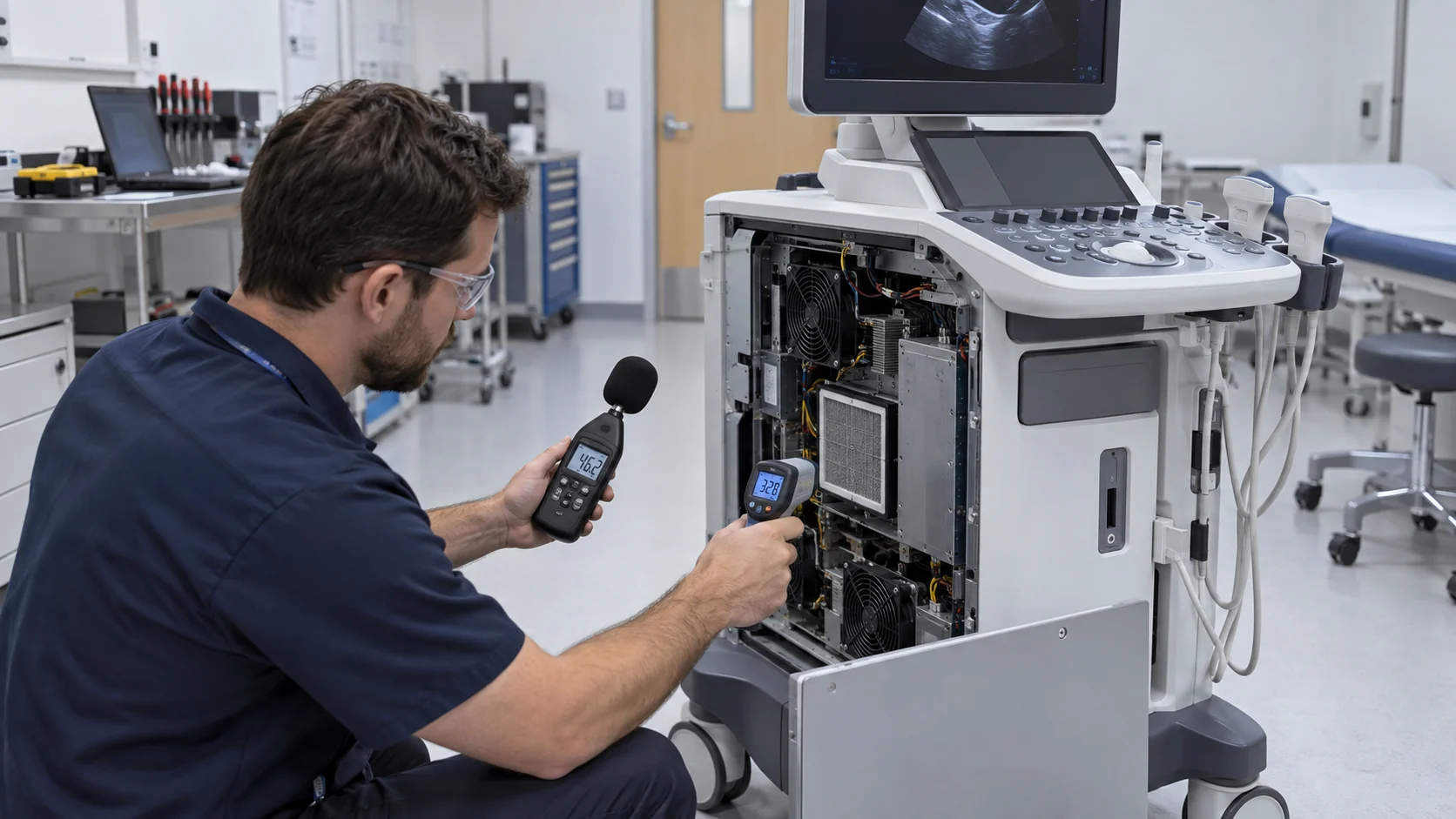 Biomedical engineer measuring sound and temperature inside an open medical ultrasound console