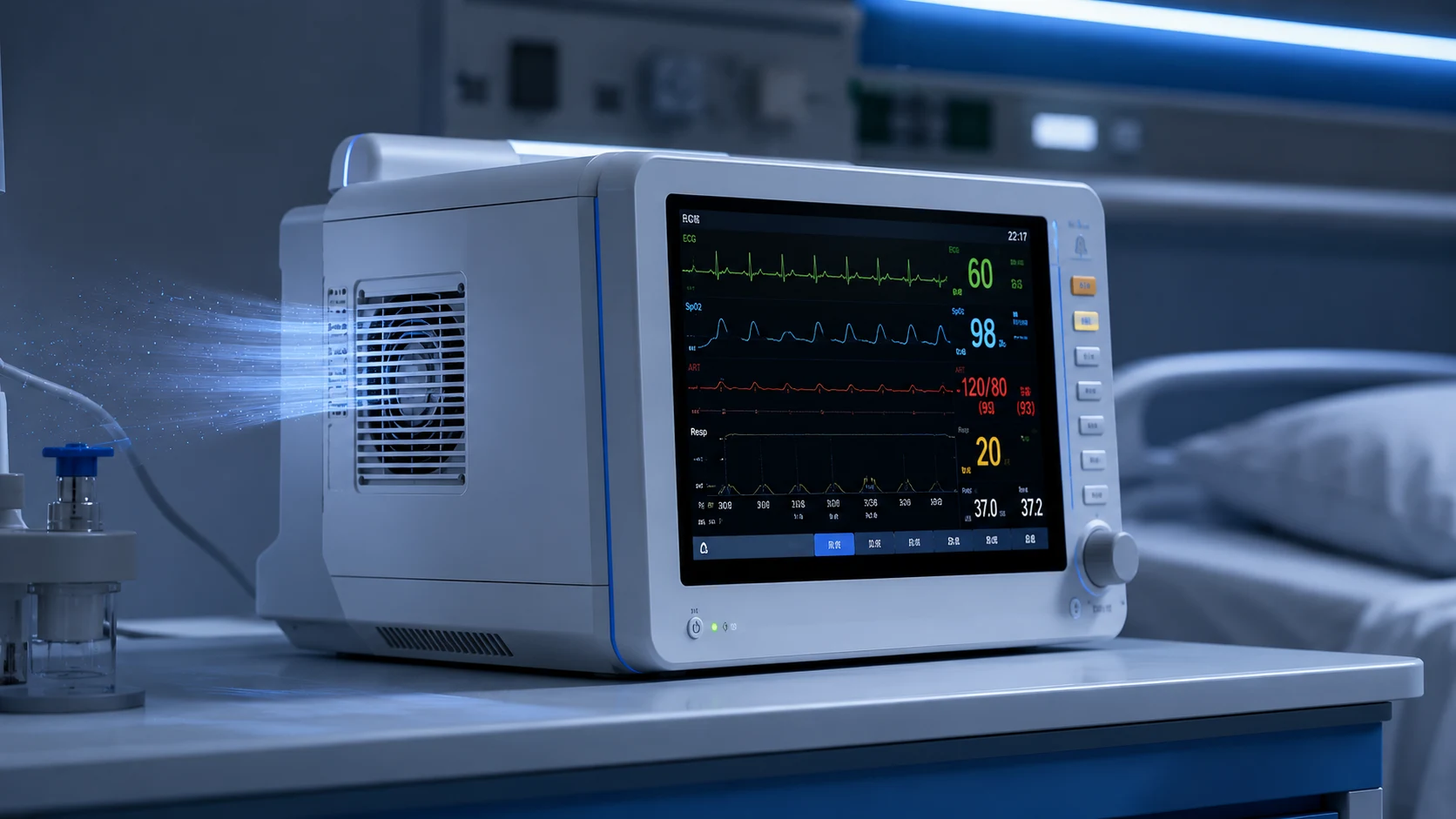 Quiet low-noise 24V cooling fan behind the grille of a patient monitor in a quiet clinical setting