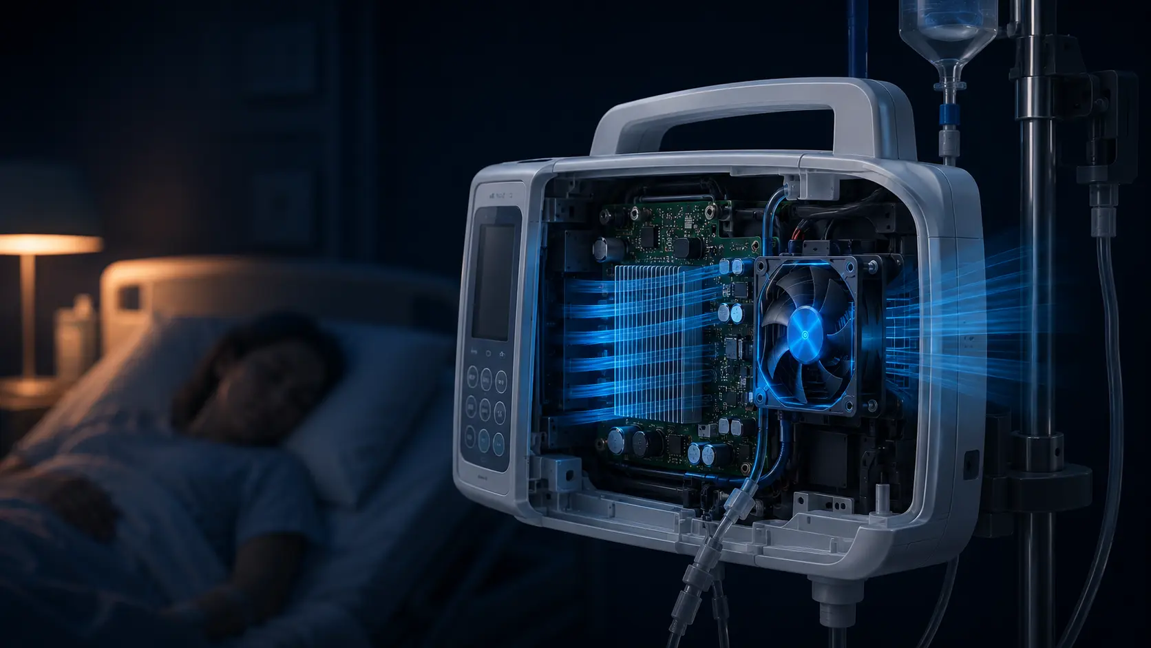 A quiet hospital patient room at night, with a small medical device on a bedside stand, showing the real acoustic environment the fan must fit