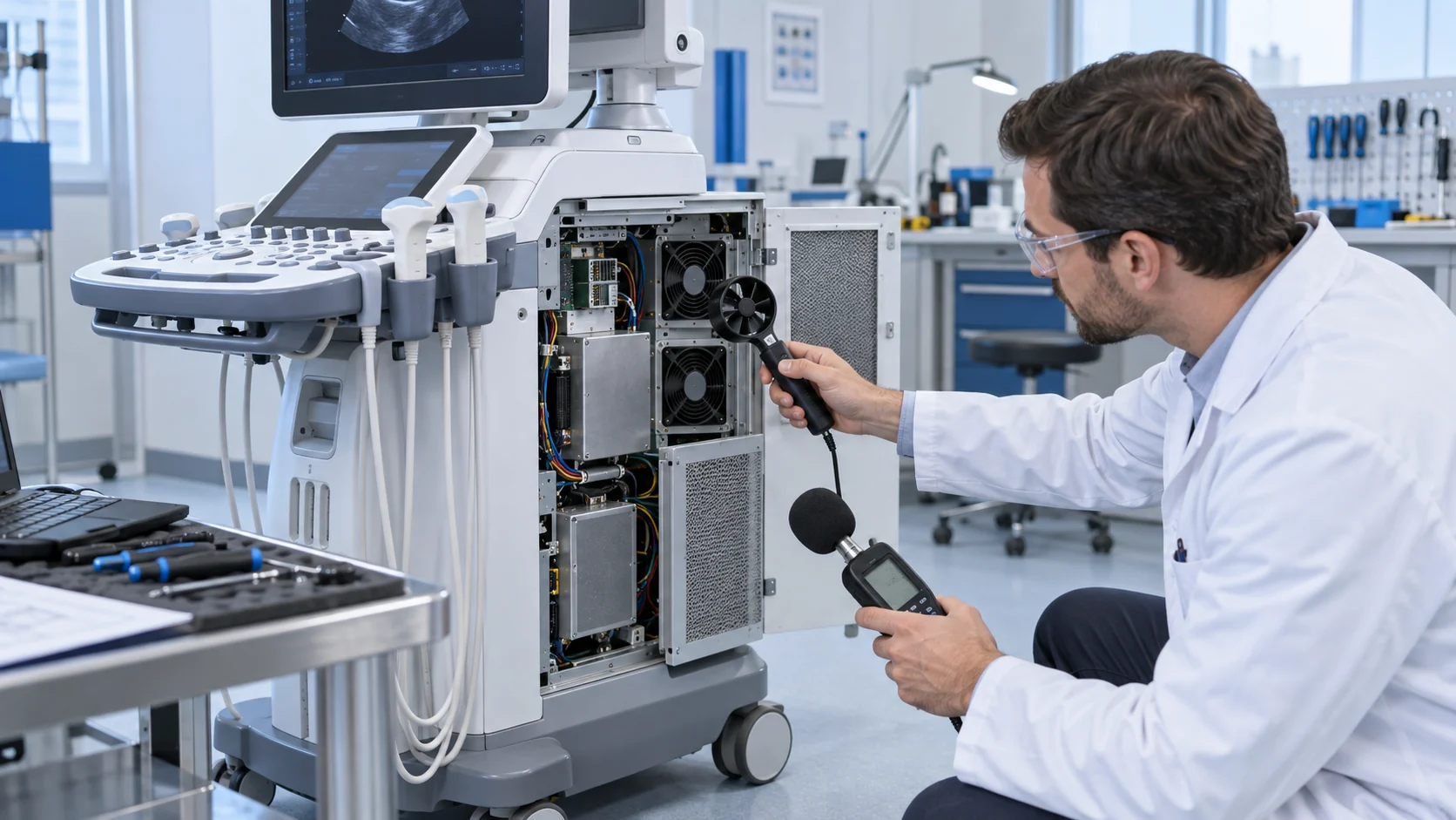 Biomedical engineer measuring airflow and noise on an open ultrasound console electronics compartment