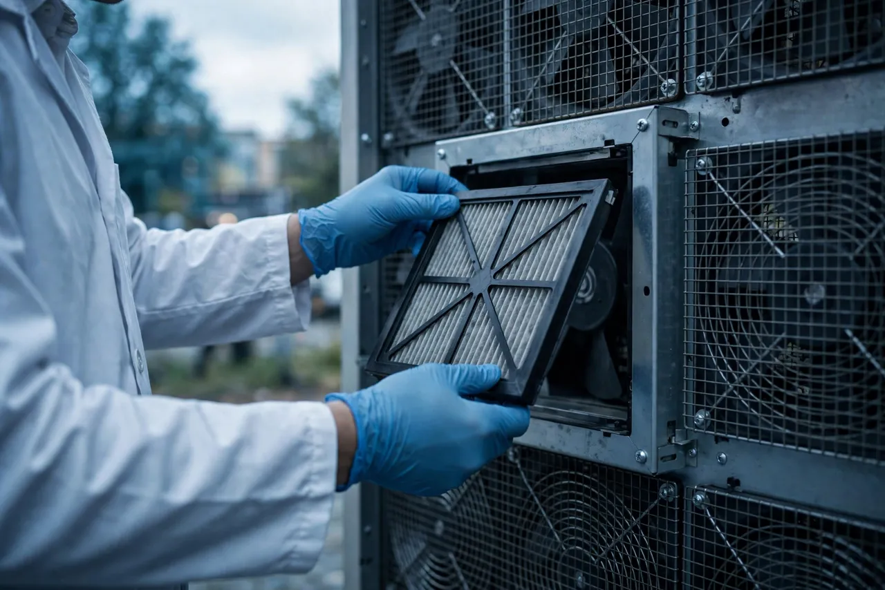 Engineer servicing the filtered ventilation fans of an outdoor LED display cabinet