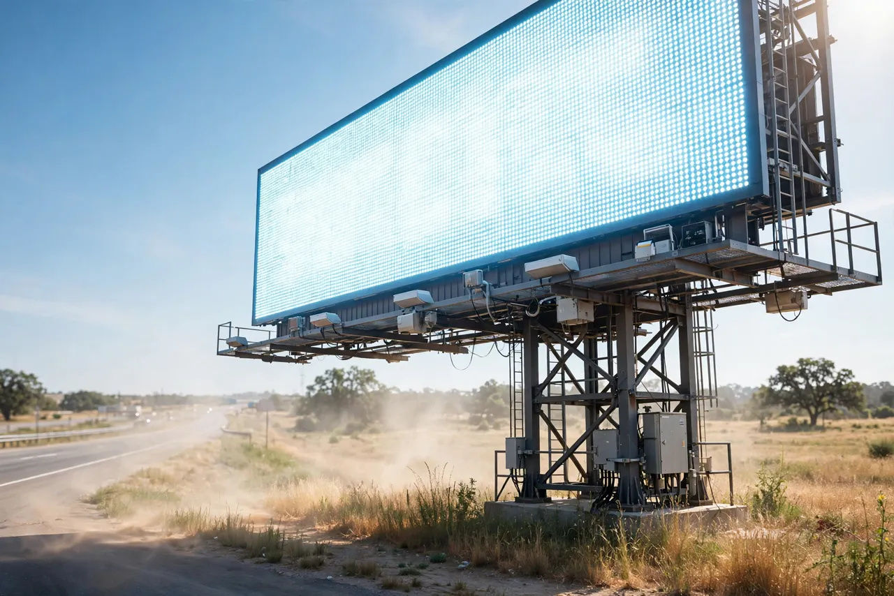 Large outdoor LED billboard display operating in direct sunlight