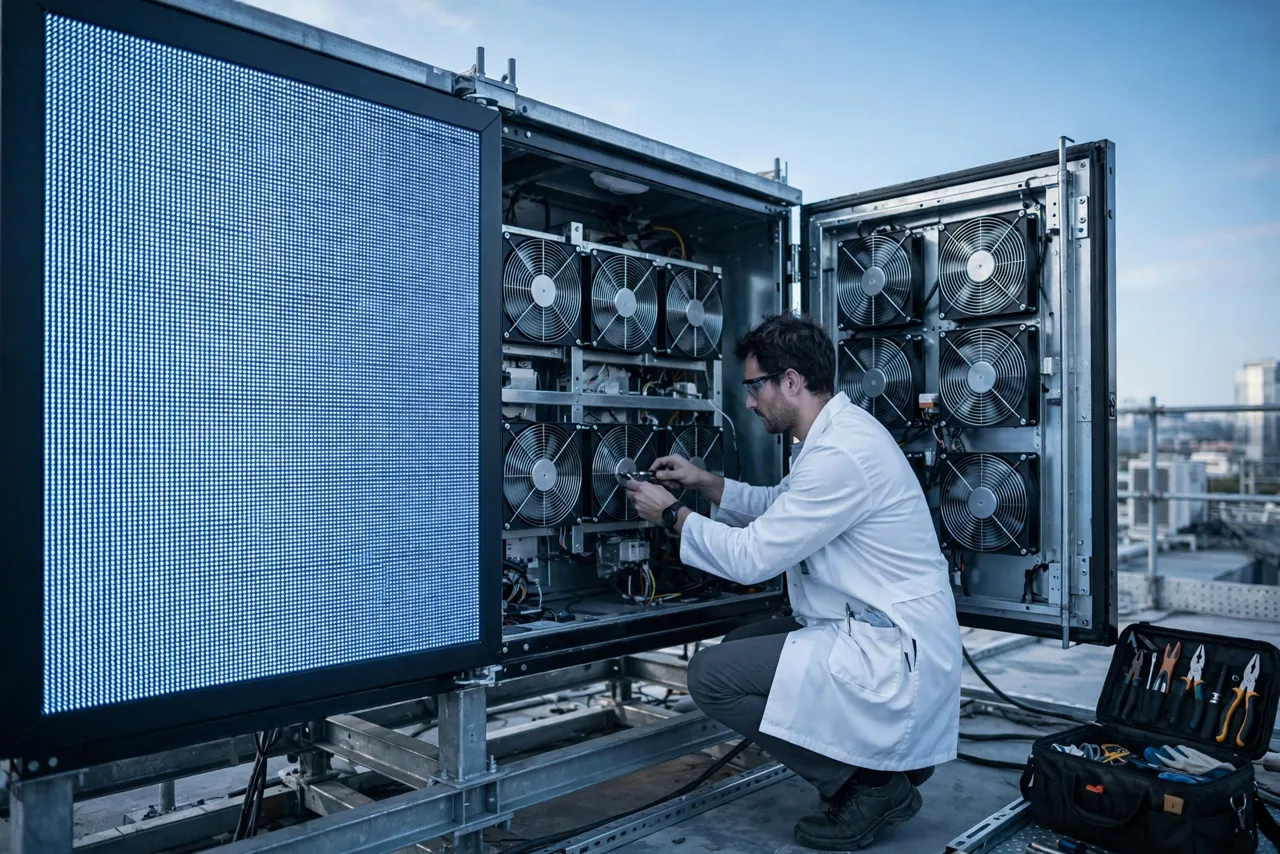 Engineer servicing the cooling fans of an outdoor LED display cabinet