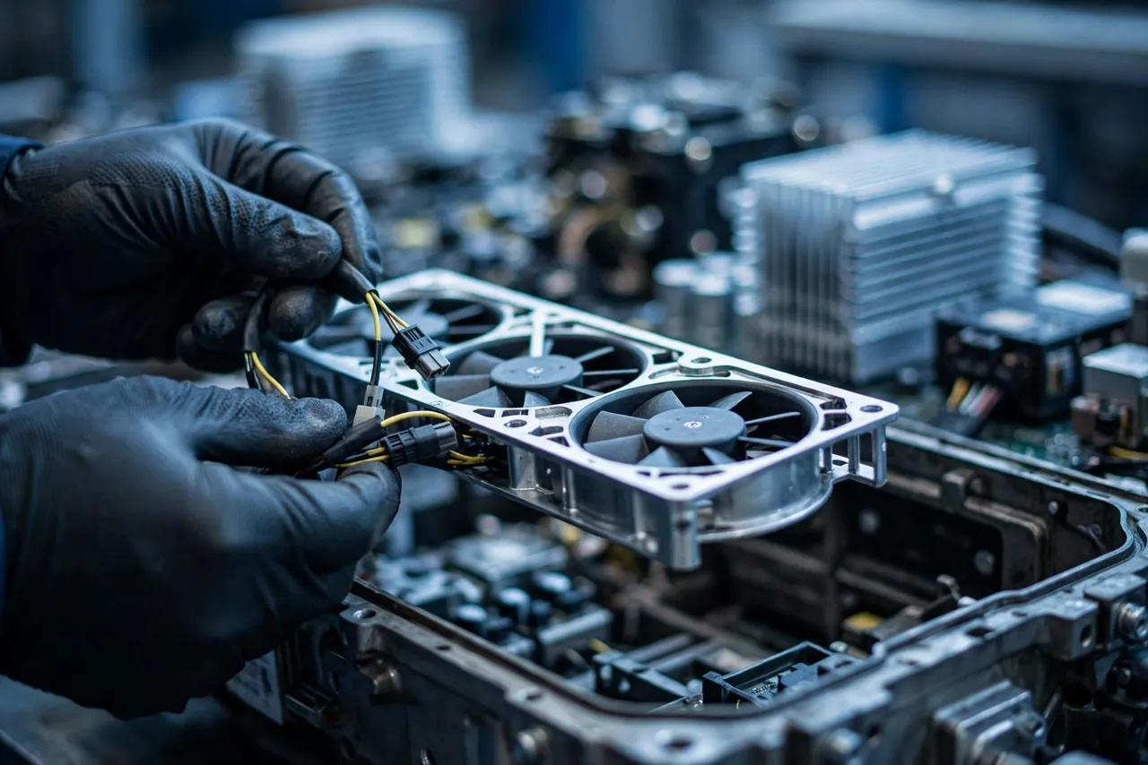 Engineer inspecting the cooling fans of an opened rail traction converter
