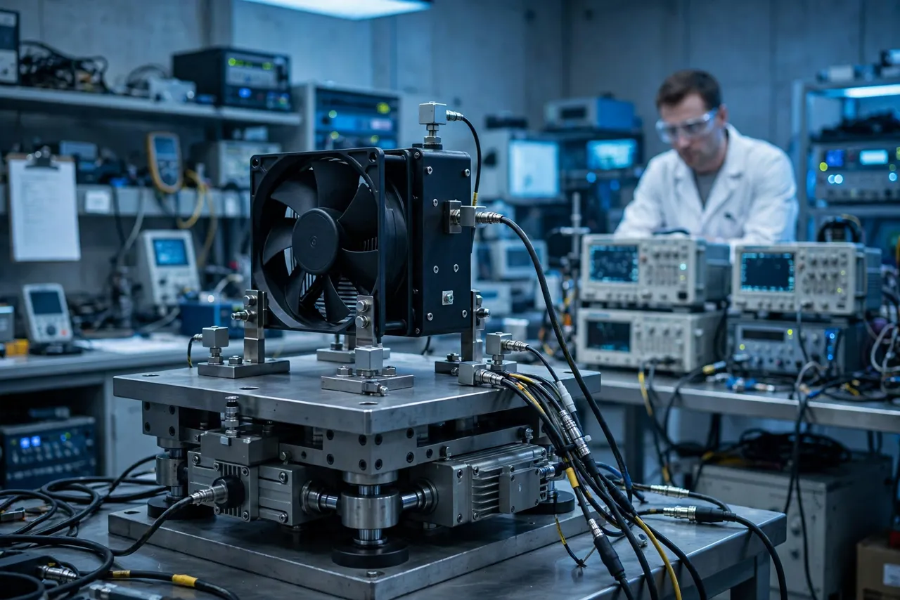Cooling fan undergoing vibration testing on a shaker table per railway standards