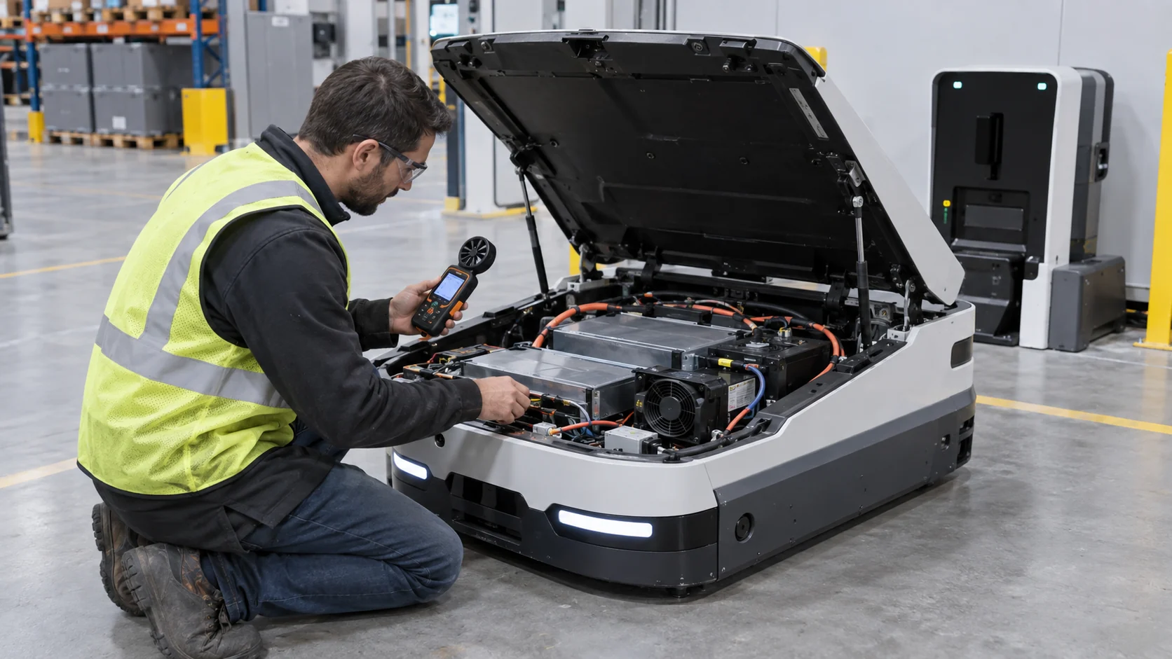 Engineer measuring airflow and temperature on an open autonomous mobile robot battery compartment