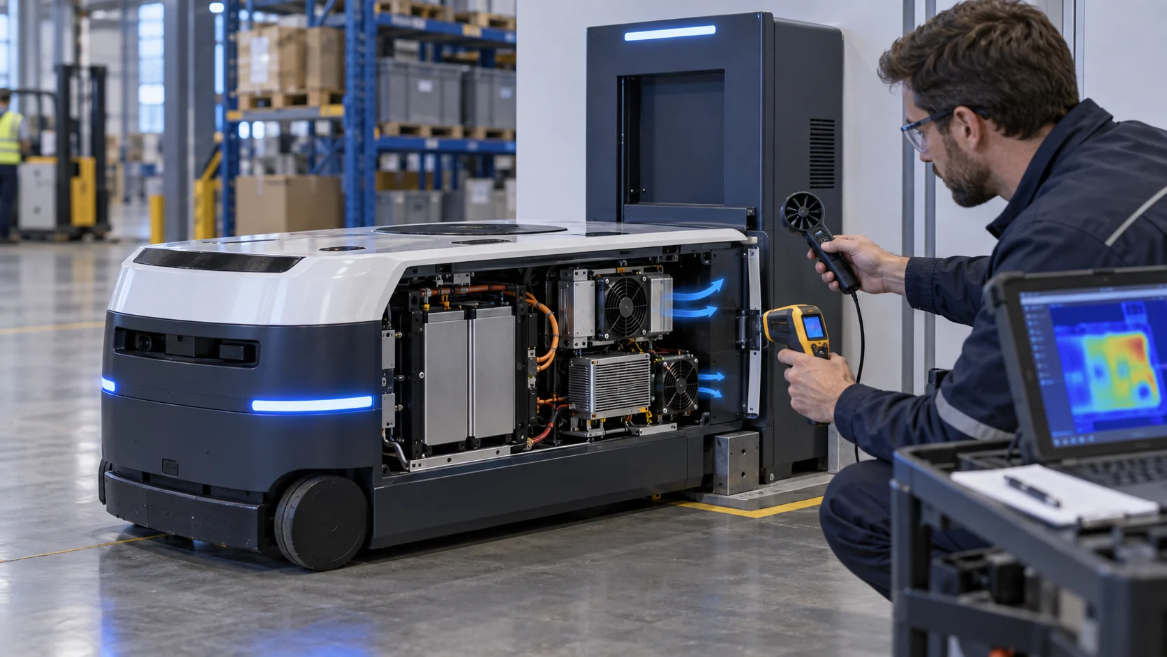 Engineer measuring airflow and temperature on an AMR parked at a charging dock with its service panel open