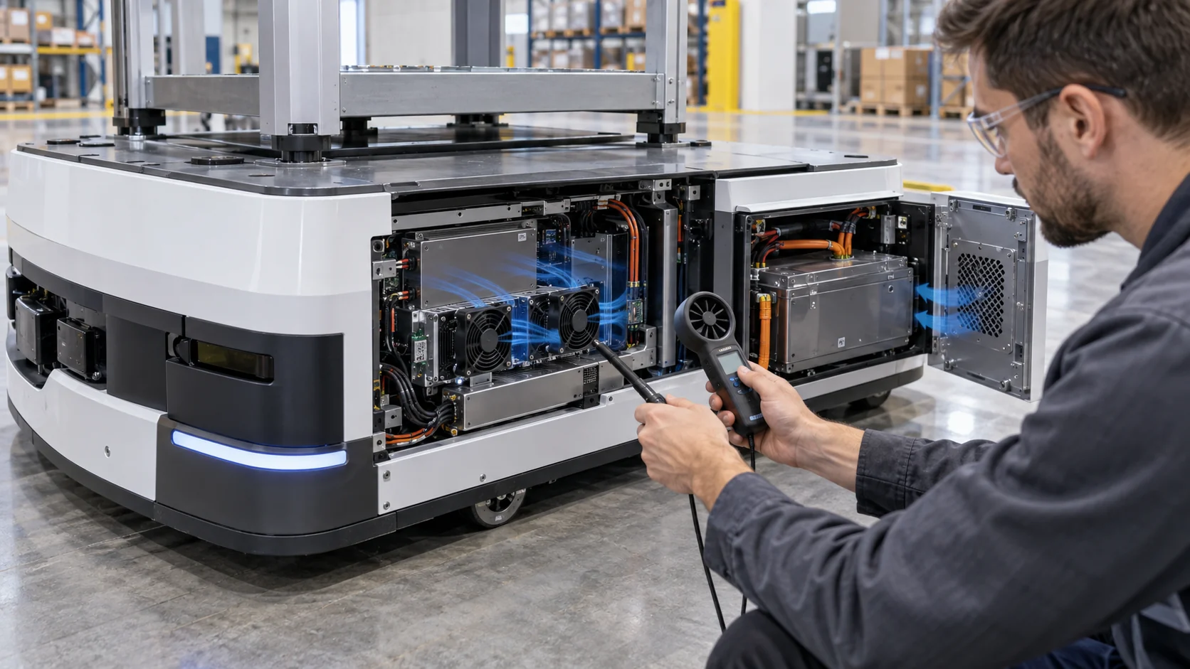 Engineer inspecting an AMR control cabinet cooling fan and filter while the robot is tested in a warehouse