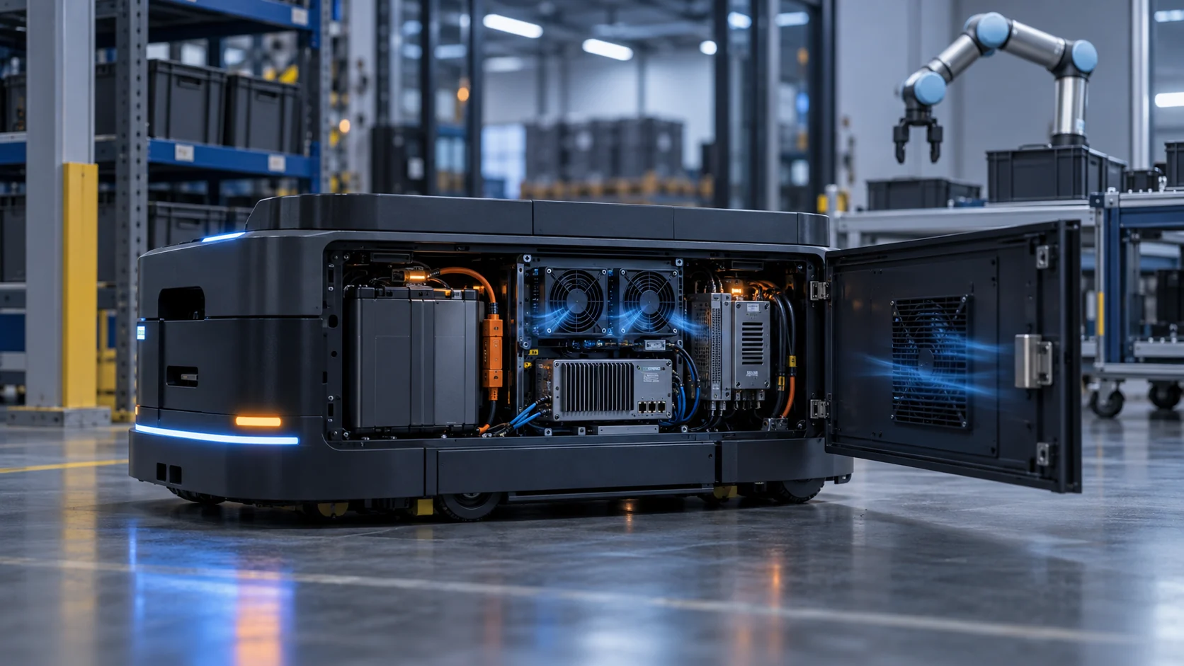 Open autonomous mobile robot showing battery, drive electronics, edge computer and cooling fans in a warehouse