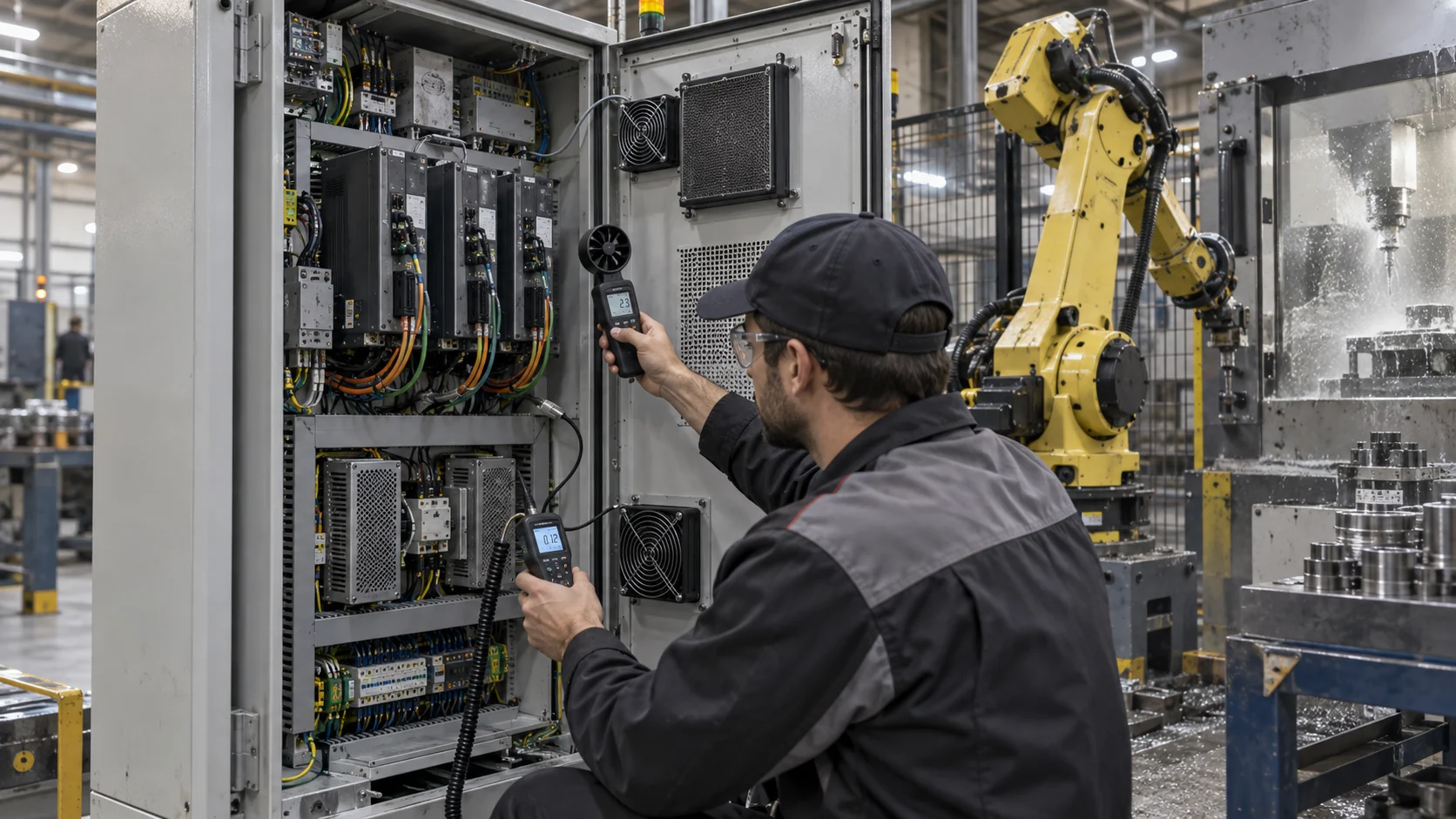 Engineer measuring airflow and temperature inside a robot controller cabinet with servo drives and cooling fans
