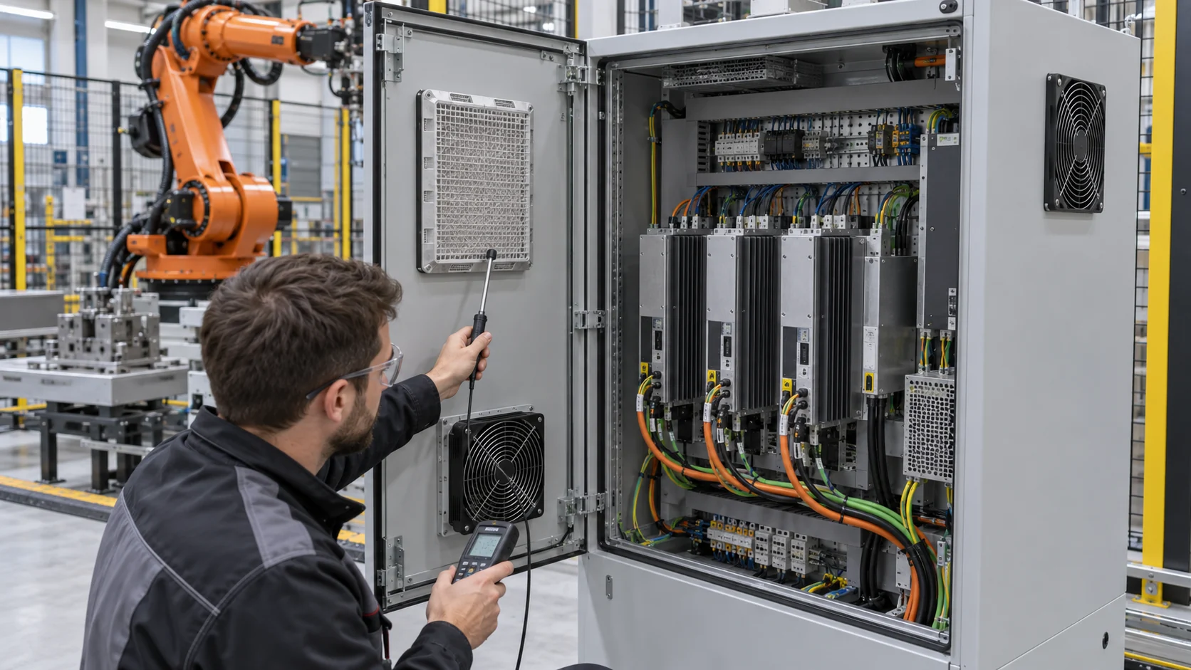 Engineer measuring airflow and temperature on an open robot controller and servo-drive cabinet
