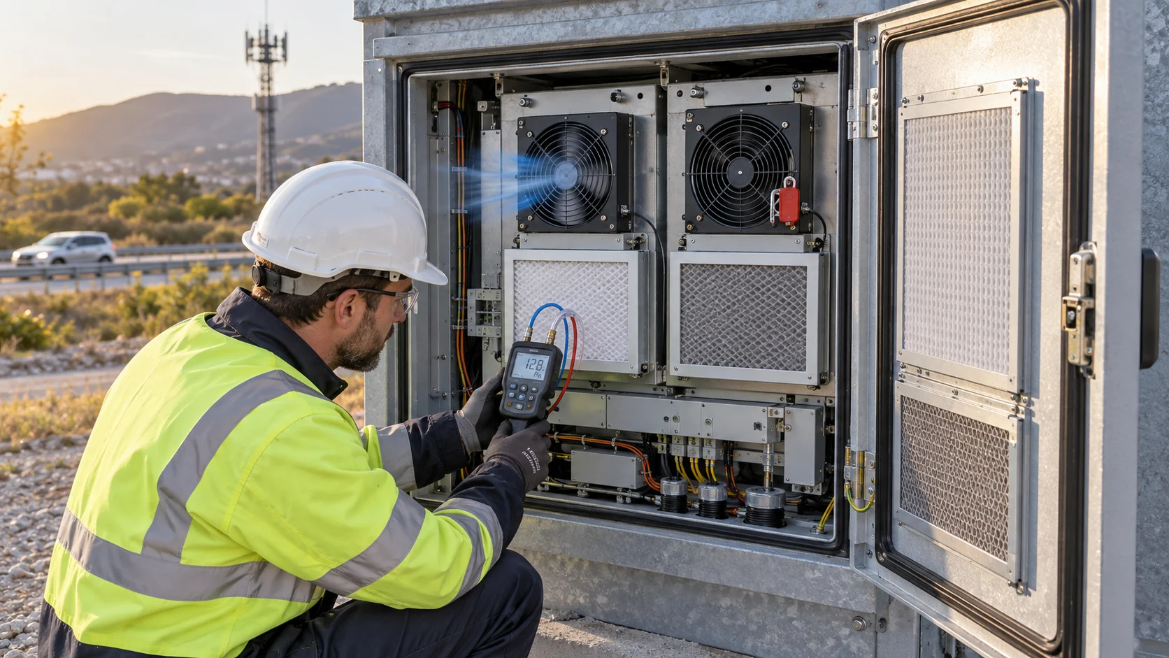 Engineer measuring pressure and airflow in an outdoor 5G telecom cabinet with two 48V cooling fan modules