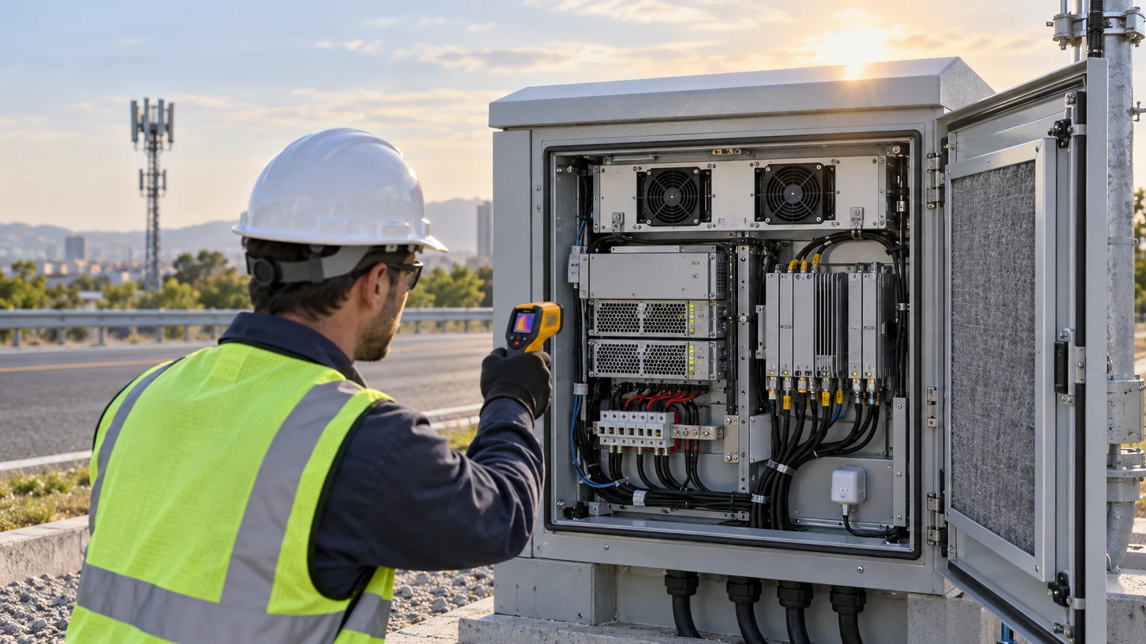 An outdoor telecom cabinet on a coastal site with corrosion-resistant cooling fans, illustrating salt fog severity selection for cooling fans.