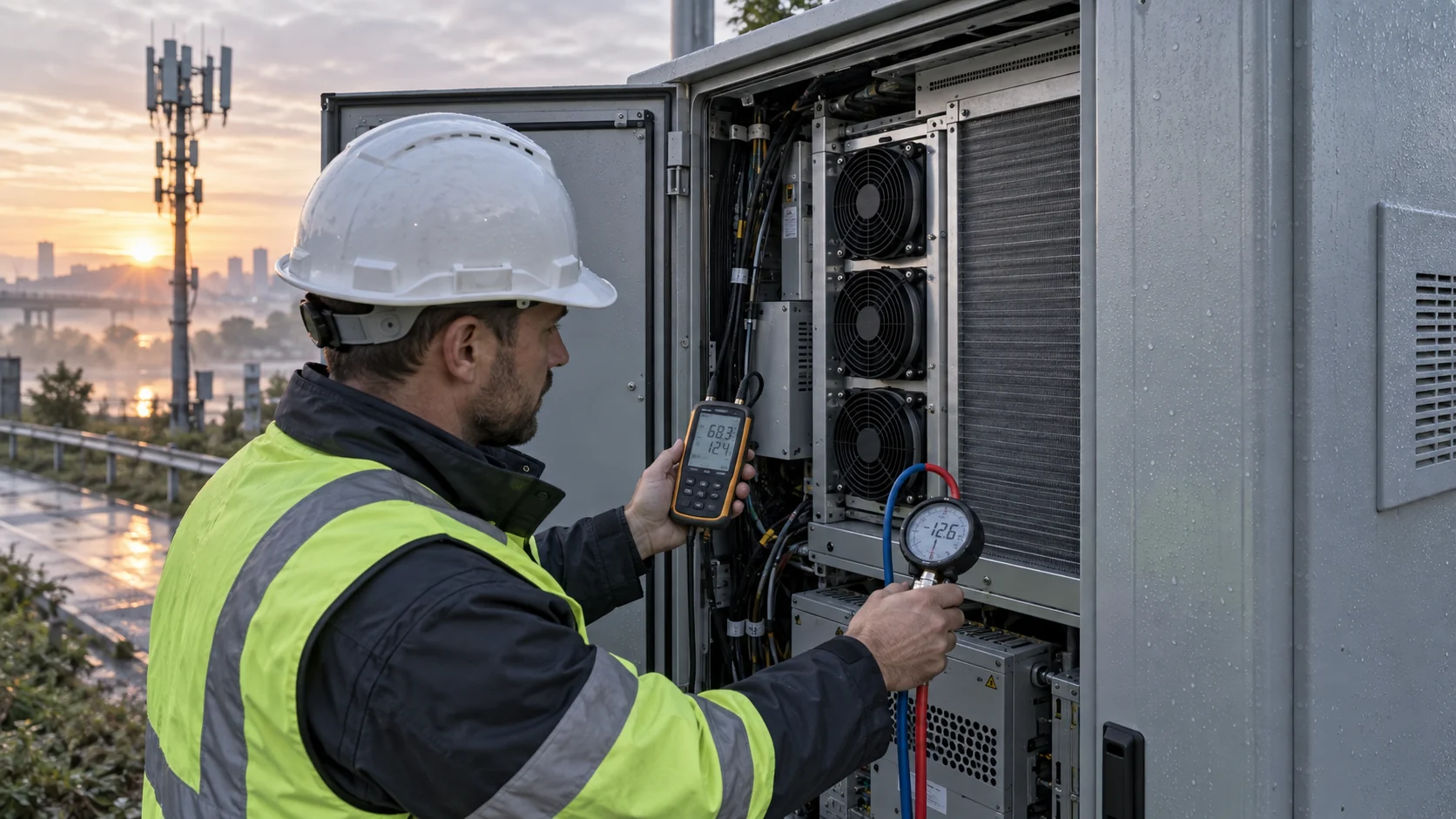 Engineer checking humidity and differential pressure inside an outdoor 5G telecom cabinet