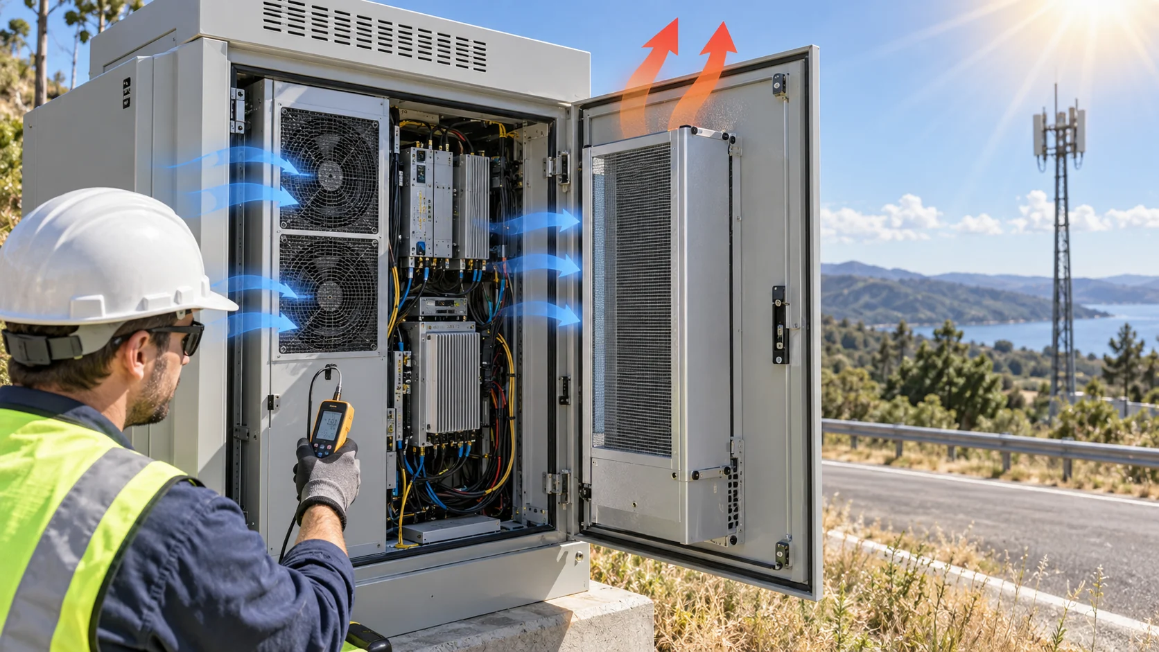 Engineer measuring an outdoor 5G telecom cabinet with filtered fans and an air-to-air heat exchanger in sunlight