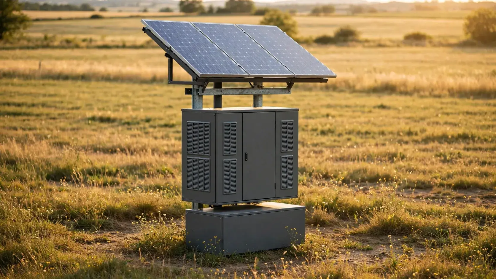 Off-grid solar powered telecom cabinet with a photovoltaic array in an open field