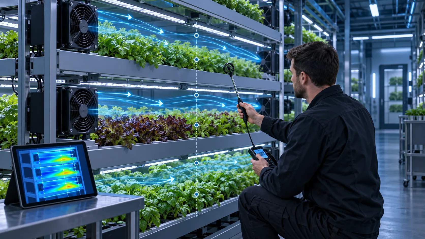 Engineer measuring airflow across crop canopies on a multi-tier vertical farm rack