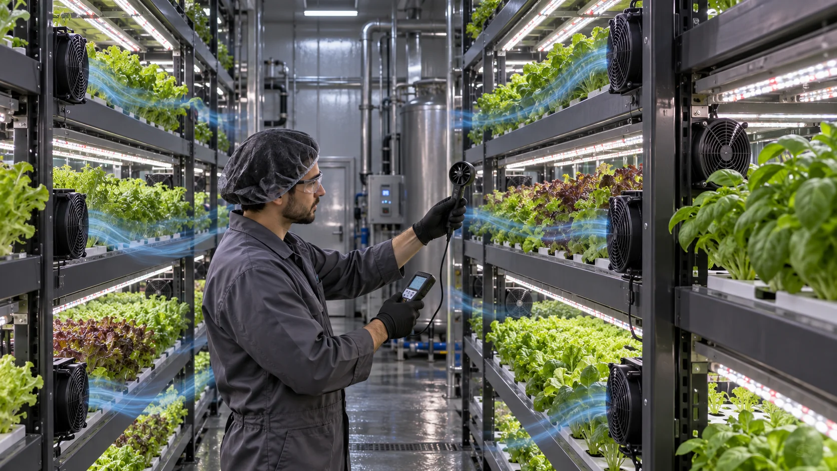 Engineer mapping airflow between vertical farm racks with sidewall and rack-level circulation fans