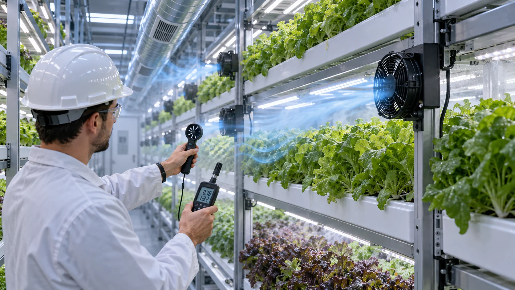 Engineer measuring airflow and humidity between multi-level hydroponic crop racks with circulation fans