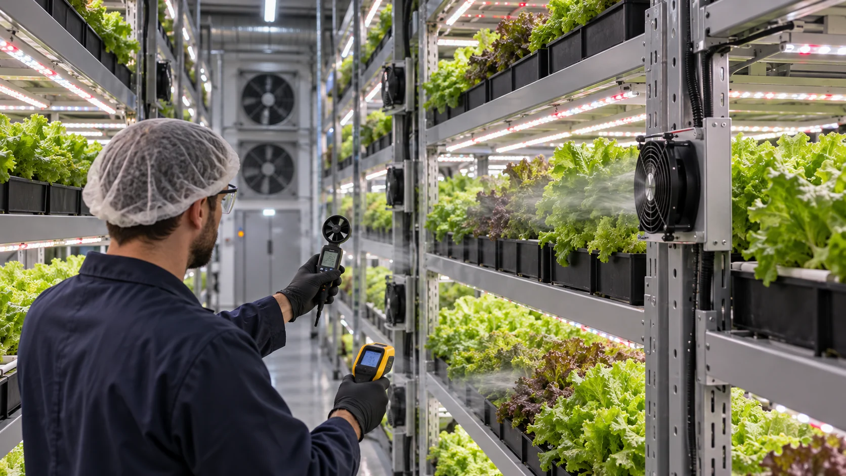 Engineer measuring airflow across multi-layer lettuce racks with correctly proportioned fans and LED lights