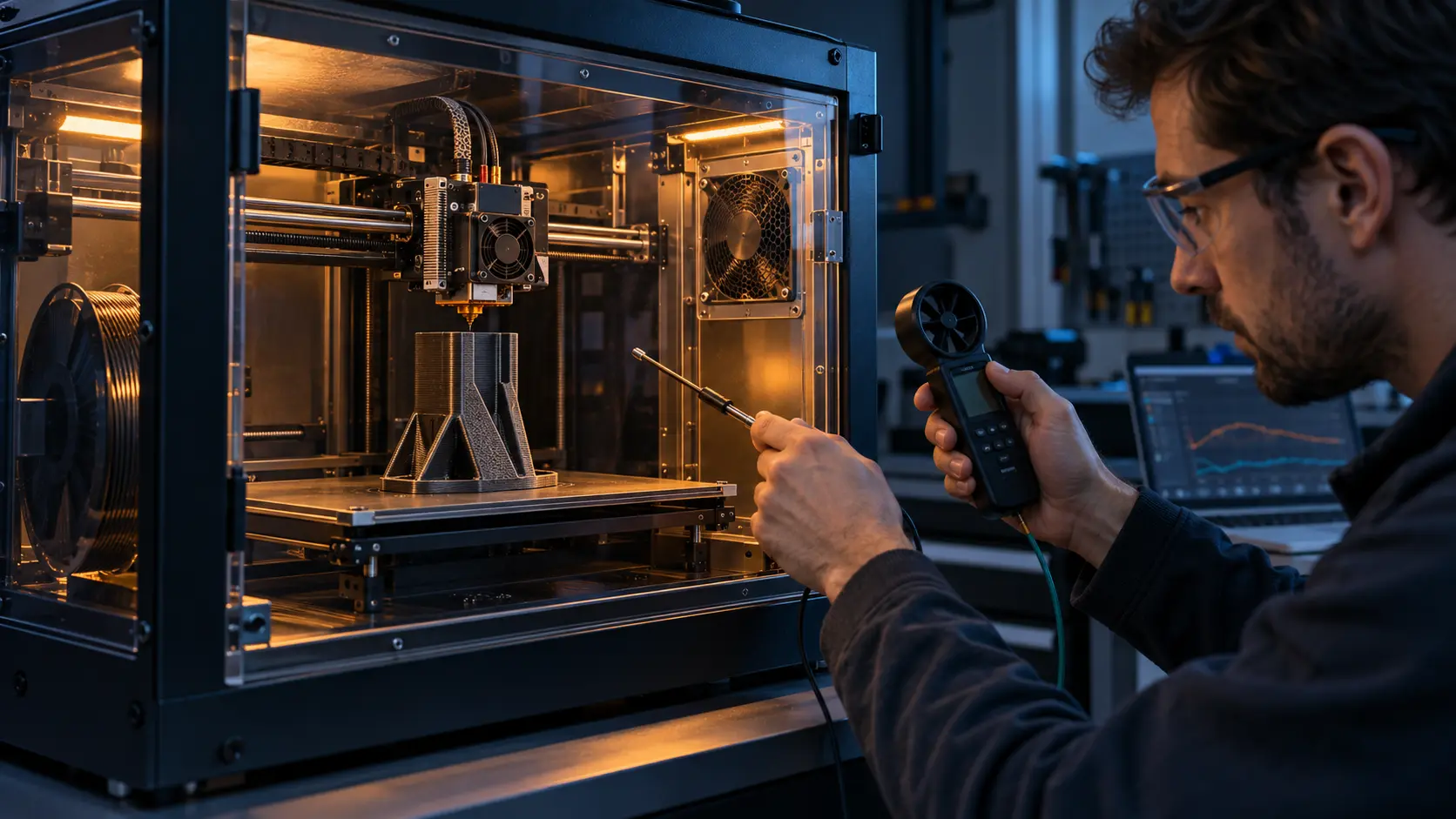 Engineer testing an enclosed high-temperature 3D printer with three separate cooling airflow paths