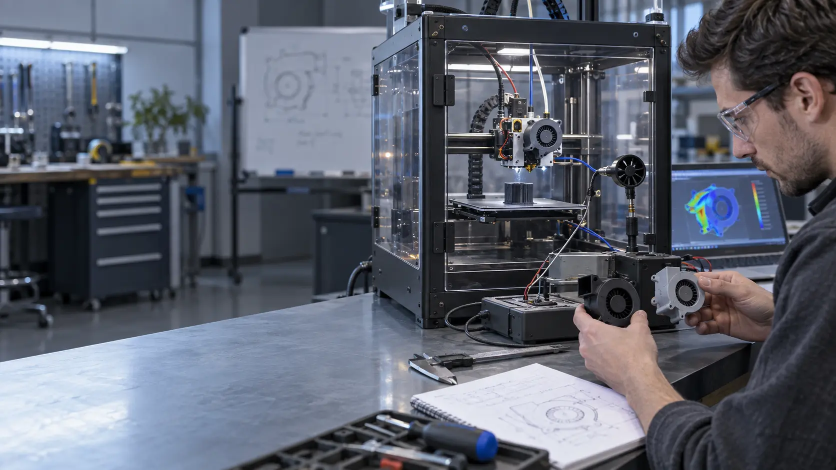 Enclosed 3D printer prototype with cooling fan test equipment