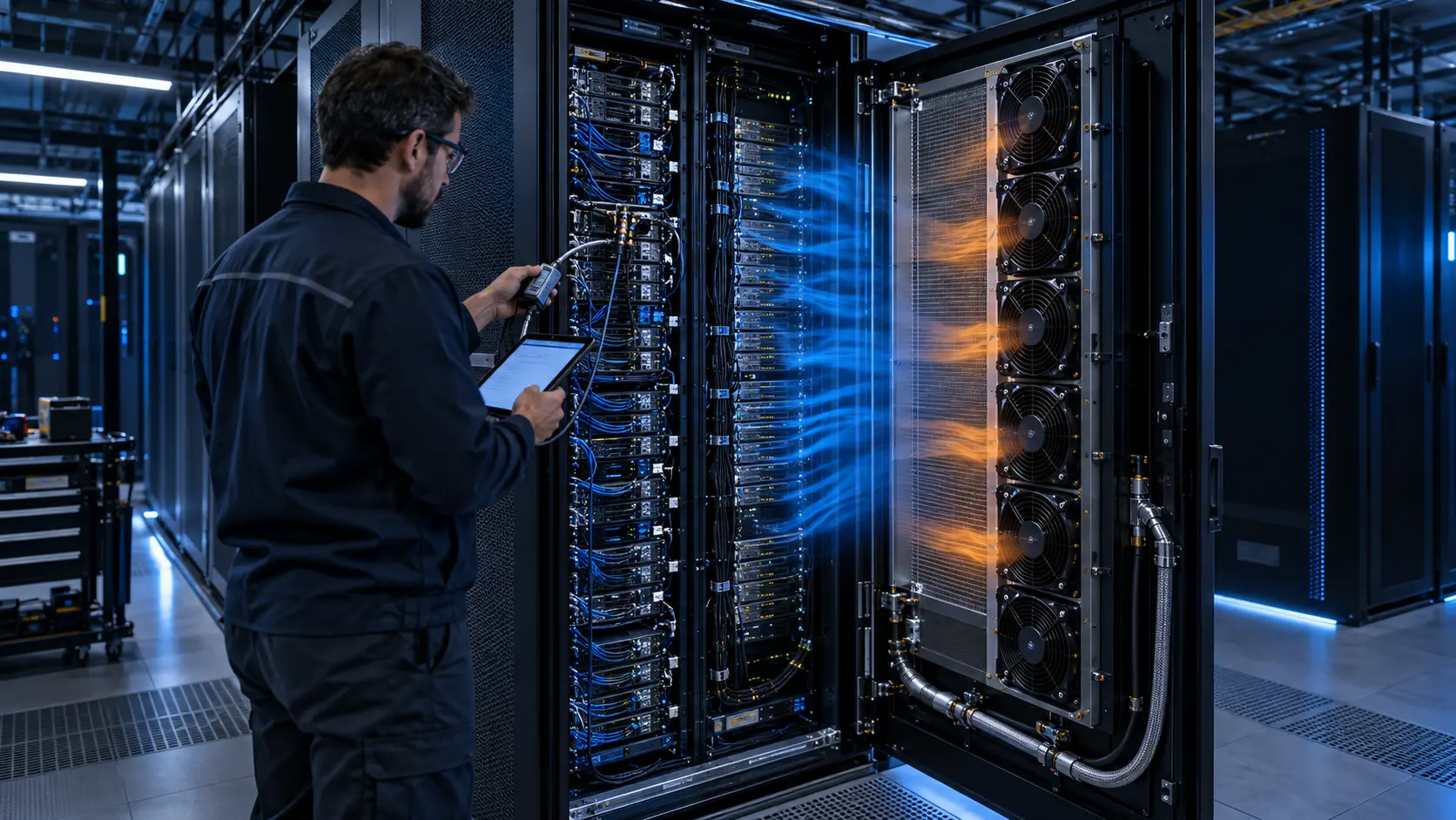 Engineer measuring an active rear-door heat exchanger fan array beside a high-density AI server rack