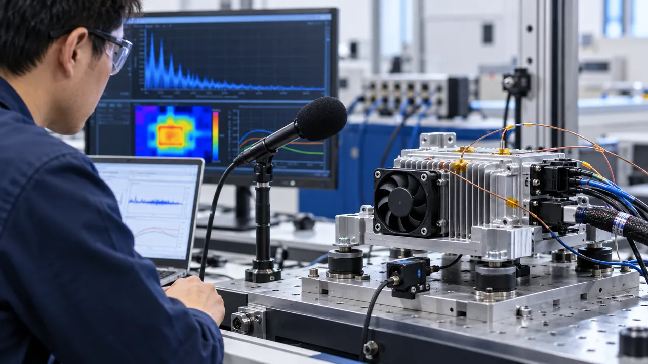 Engineer measuring noise, vibration and thermal performance of an ADAS vehicle-compute ECU fan