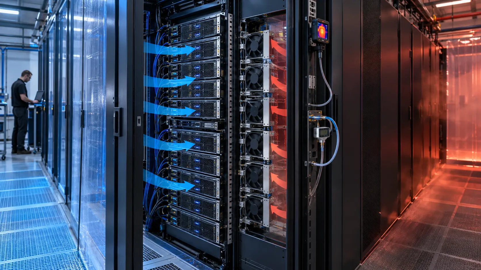 AI data center rack commissioning scene with blue inlet airflow, red exhaust airflow and a thermal measurement probe