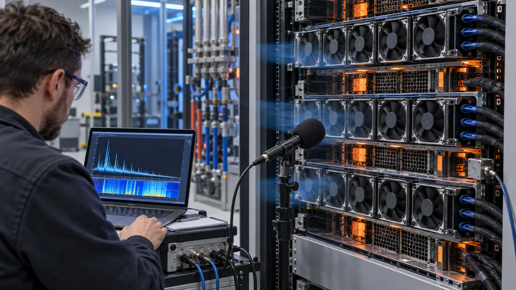 Engineer measuring acoustic spectrum beside a dense AI server fan array in a commissioning laboratory