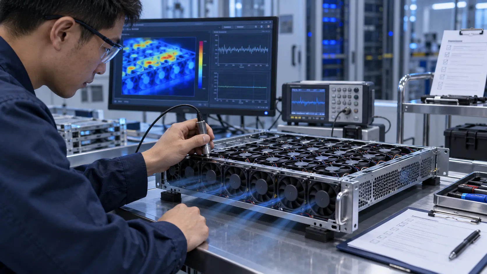 Engineer checking vibration and thermal behavior of an AI server fan tray in a validation lab