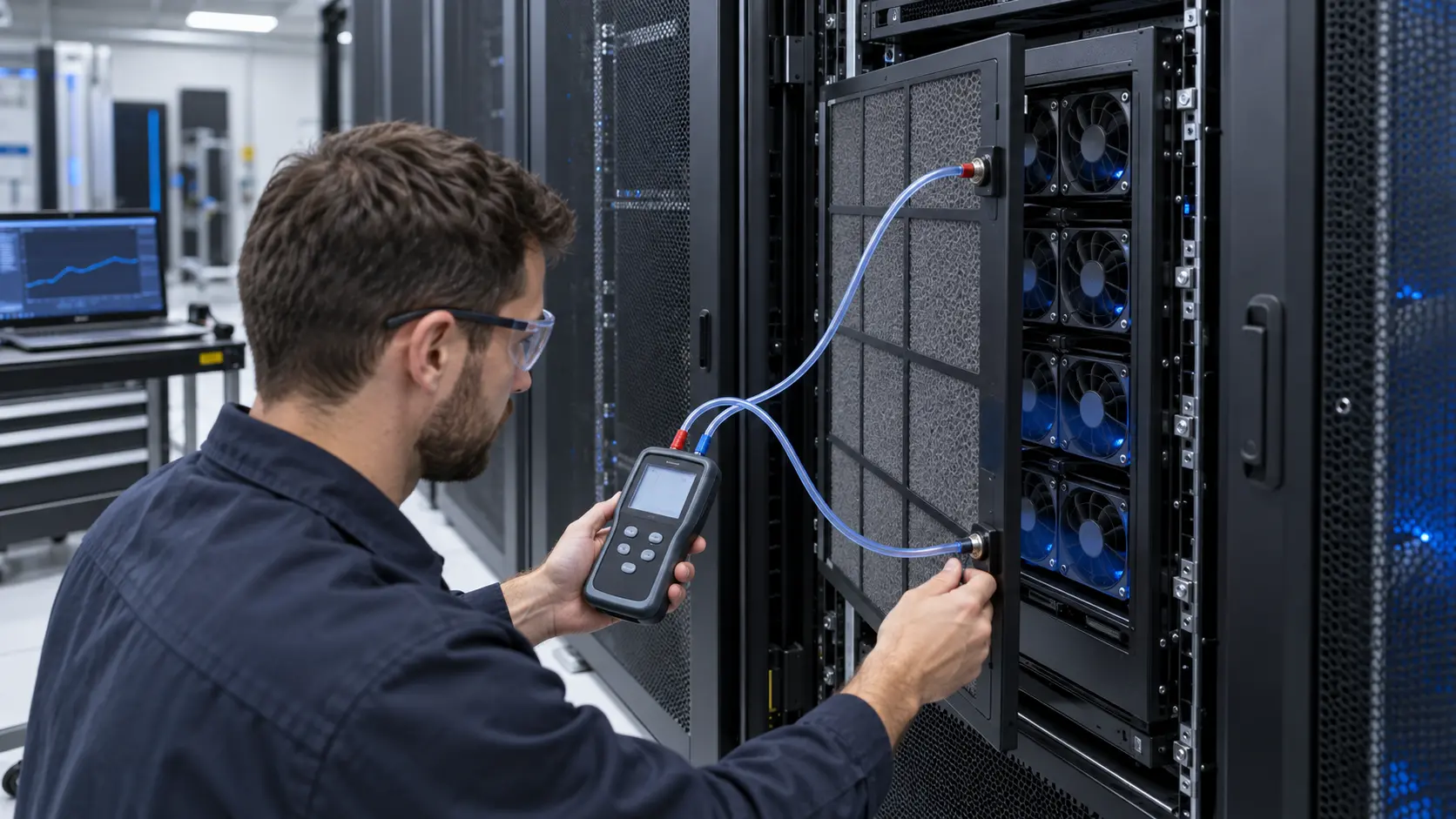Engineer measuring differential pressure across a loaded filter in front of AI server fans