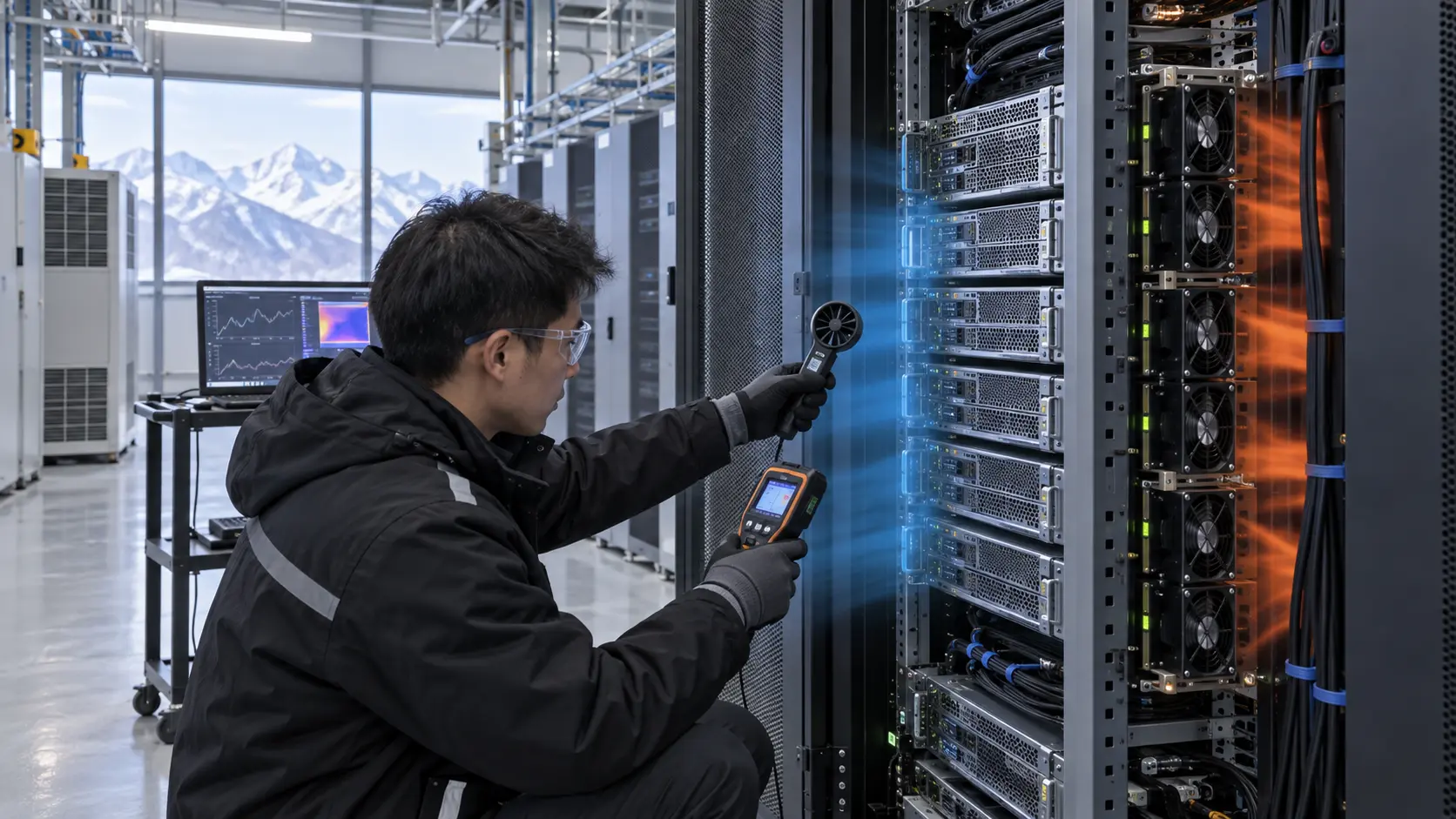 Engineer measuring airflow and temperature at an AI server rack in a high-altitude facility
