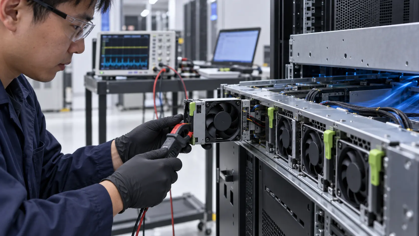Engineer checking current and startup behavior while hot-swapping an AI server fan module