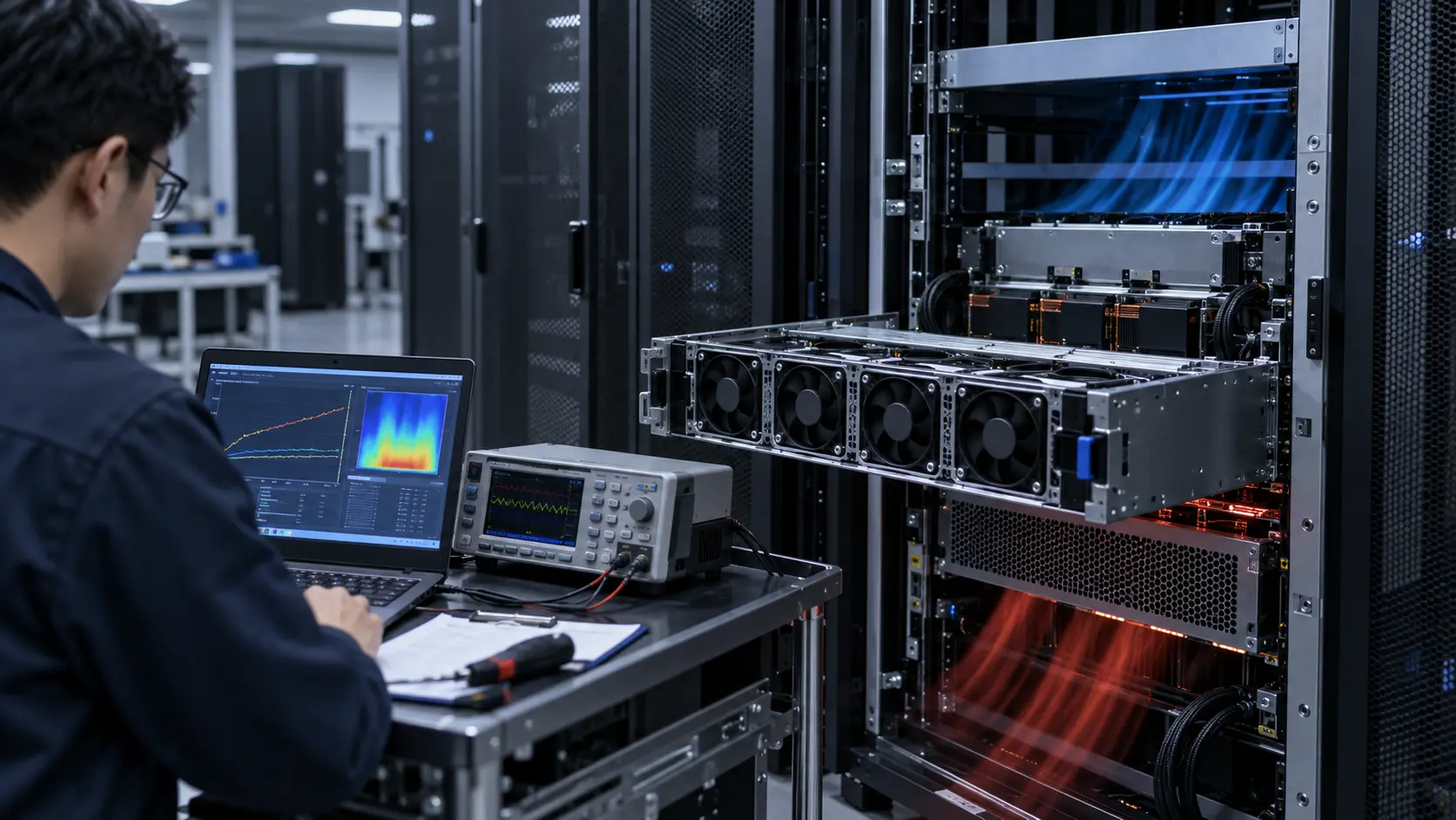 Engineer validating an AI server fan tray with thermal imaging, power measurement and a laptop