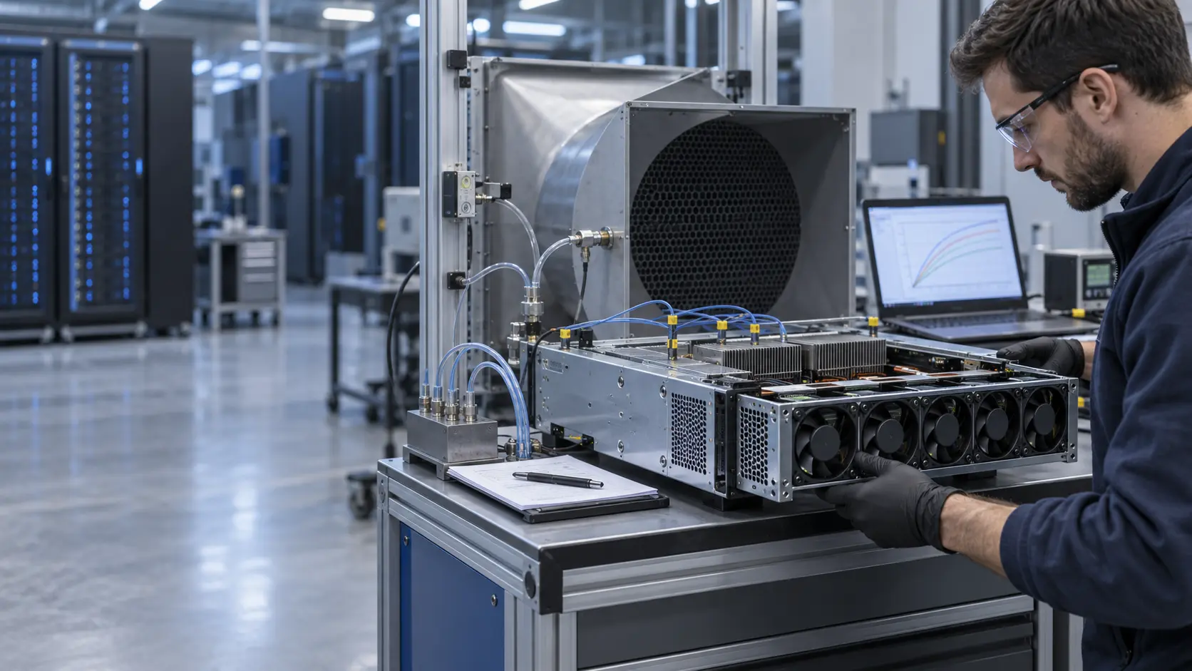 Server engineer testing a removable AI server fan tray with pressure taps, thermocouples and an airflow bench