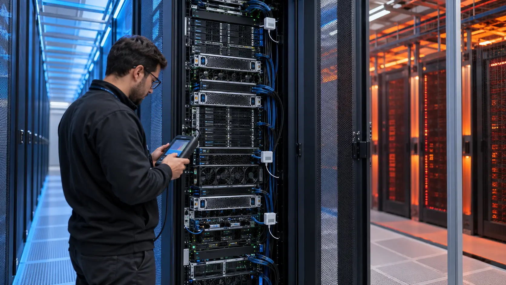 Engineer measuring inlet temperatures and fan behavior at a dense AI server rack
