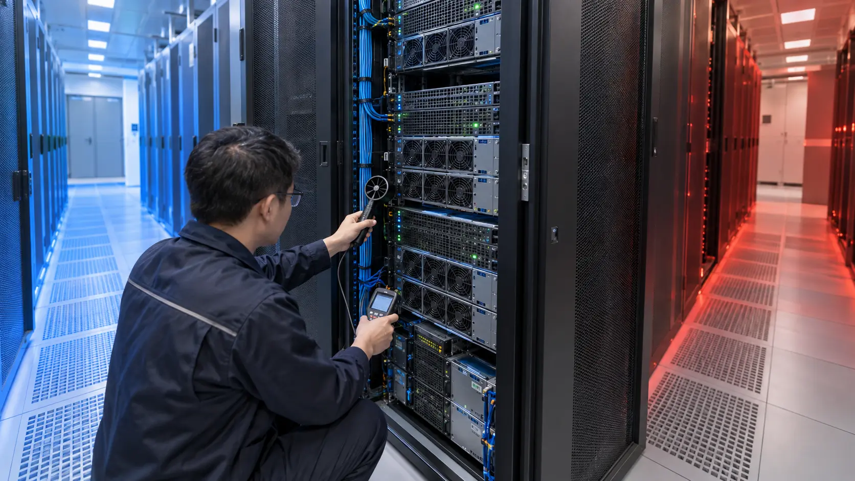 Engineer measuring airflow at an AI server rack between a cold aisle and hot aisle