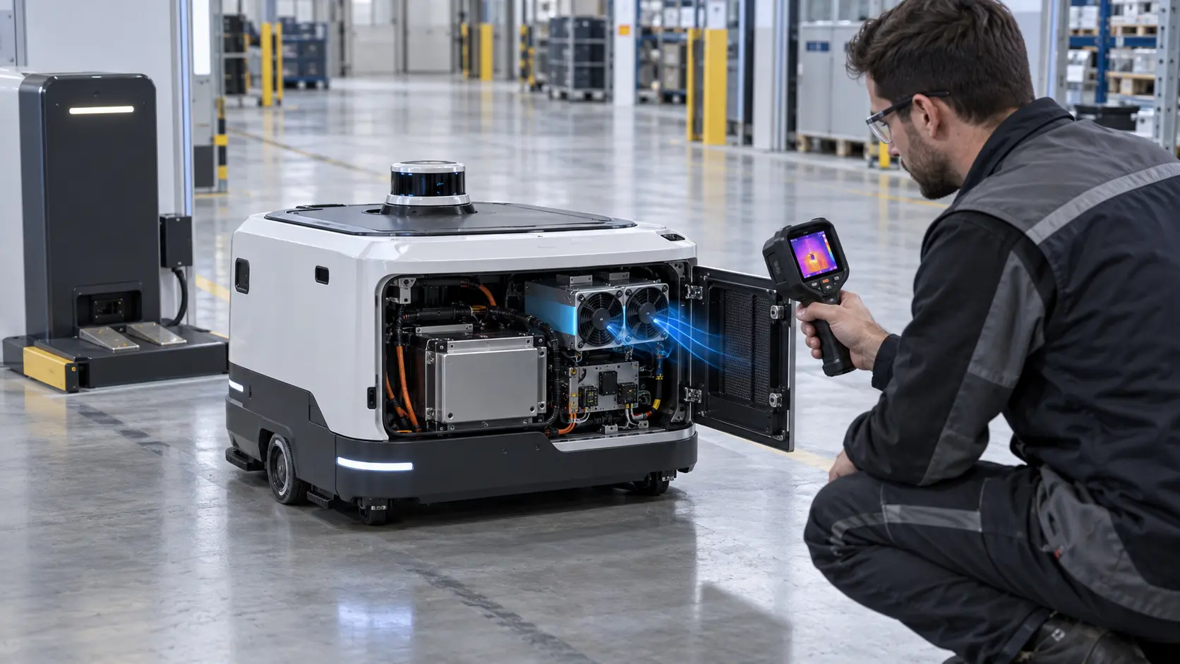 Engineer measuring an autonomous mobile robot battery and control compartment with two compact cooling fans