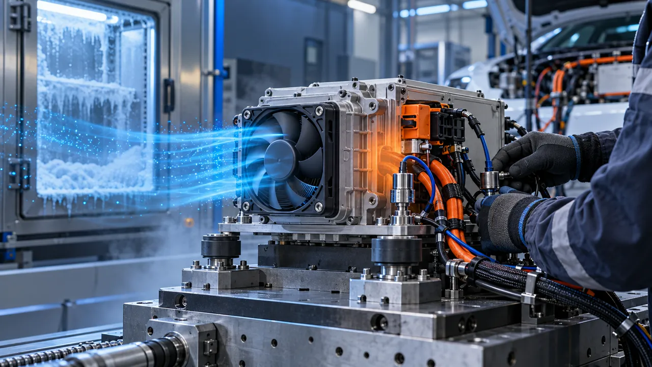 Engineer validating an automotive electronics fan in a thermal and vibration test fixture