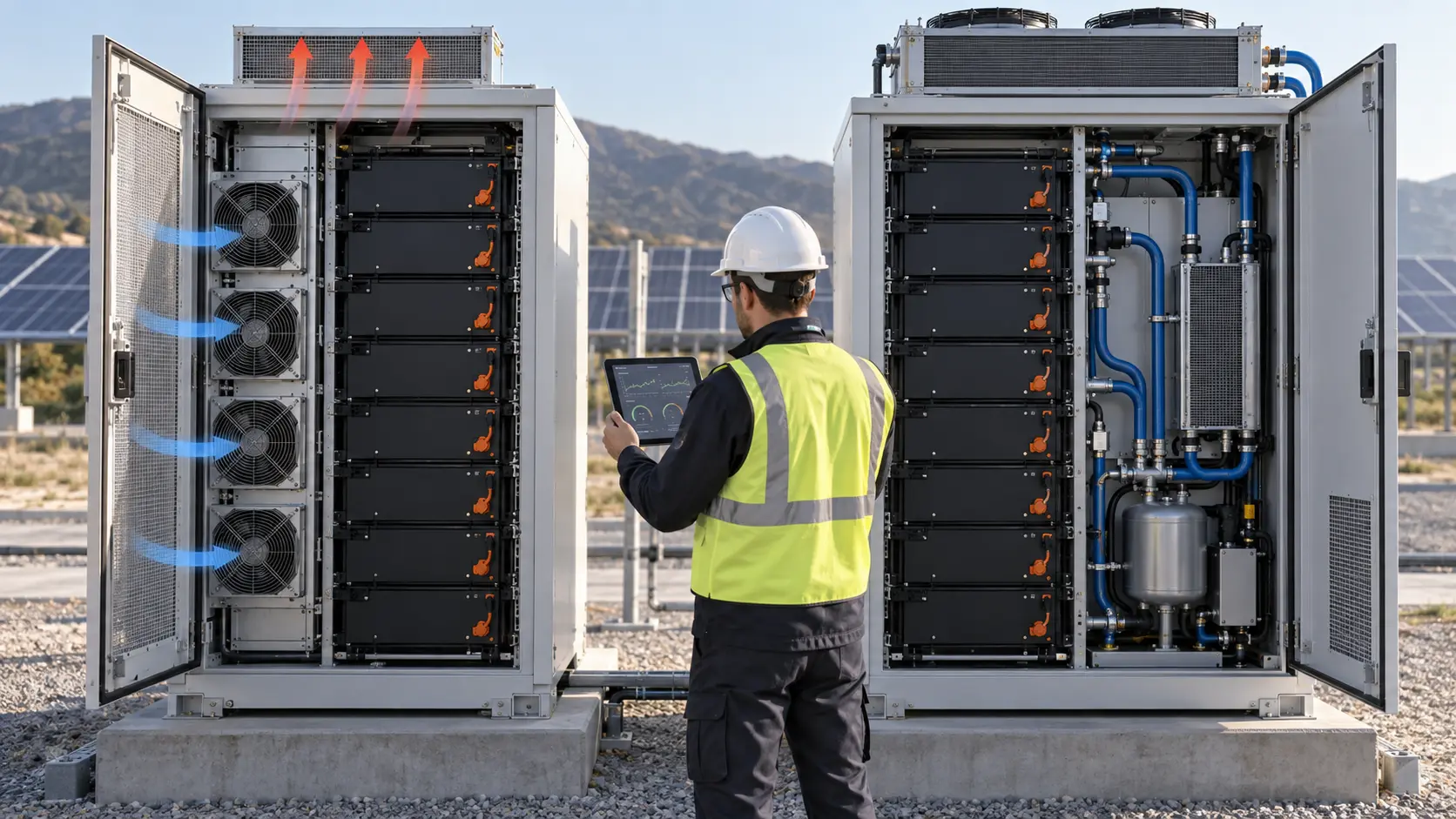 Engineer comparing air-cooled and liquid-cooled battery energy storage cabinets at a solar site