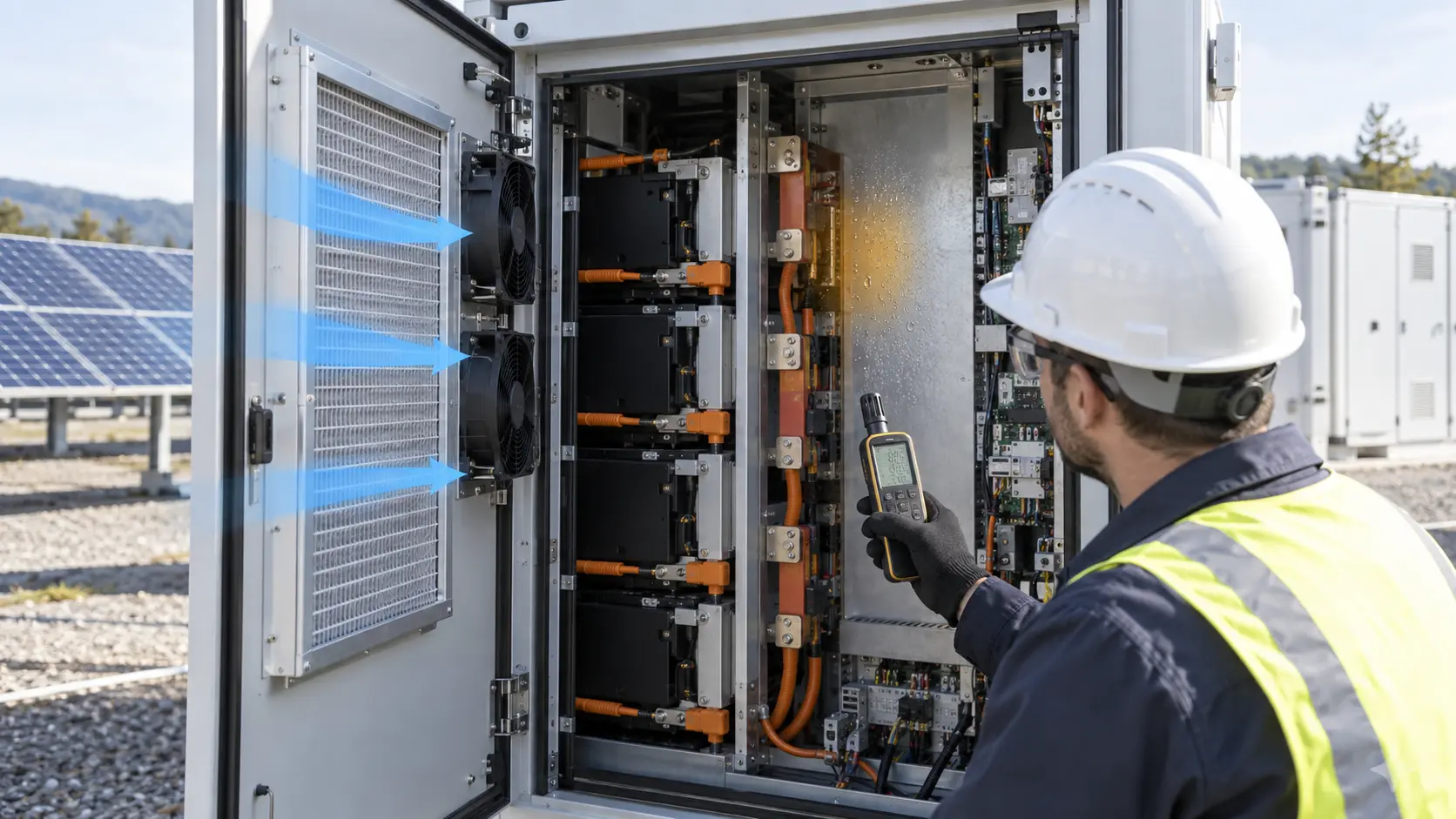 Engineer measuring humidity, dew point and fan airflow inside a battery energy storage cabinet