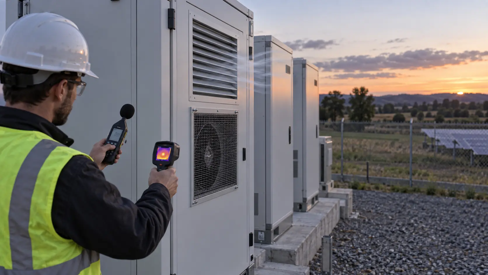 Acoustic engineer measuring sound and temperature at outdoor battery energy storage cooling fans