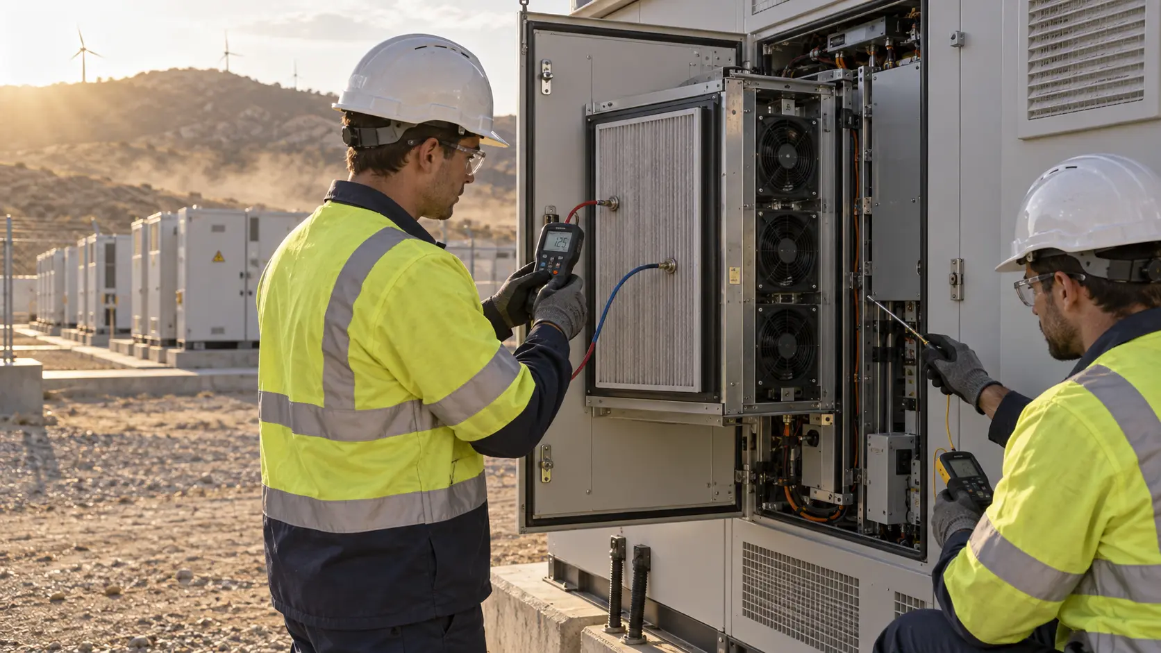 Engineers measuring differential pressure across a filter in an outdoor battery energy storage cabinet