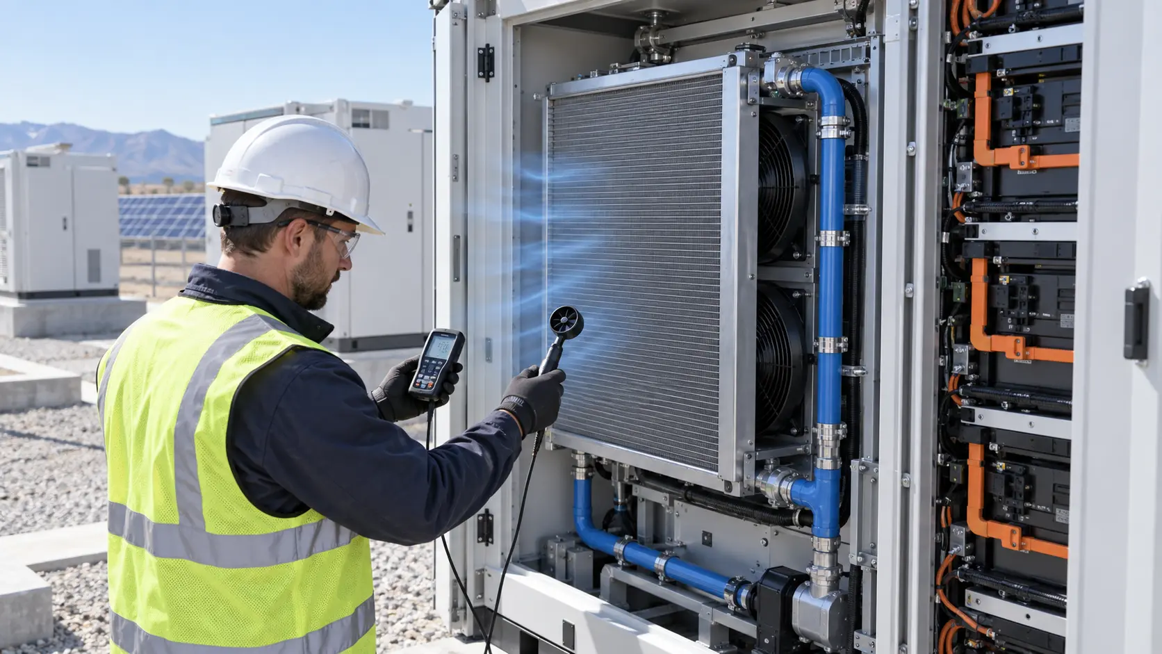 Engineer measuring airflow across a liquid-cooled BESS dry cooler with compact axial fans